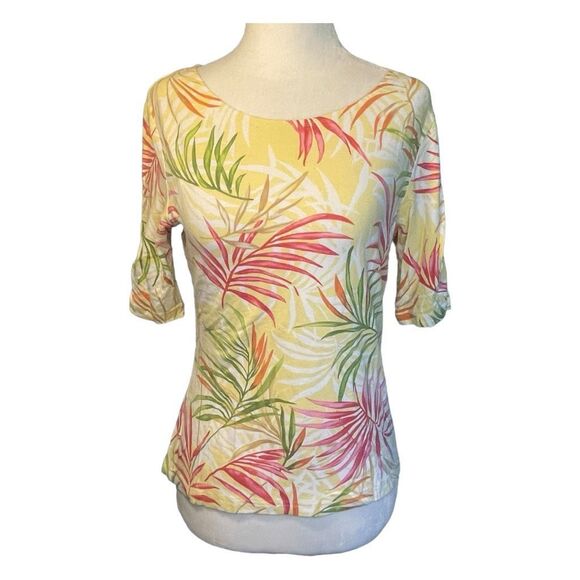 Talbots Floral Print Tee Yellow Pink Green Short Sleeve Crewneck Tropical Top SP - Picture 1 of 8